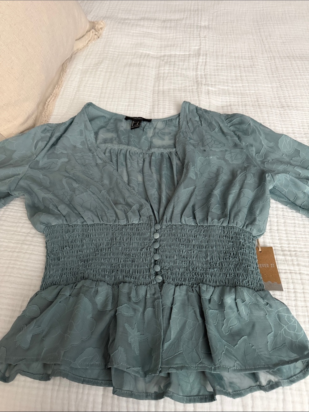 Forever 21 Dusty Sage Smocked Waist Peplum Blouse